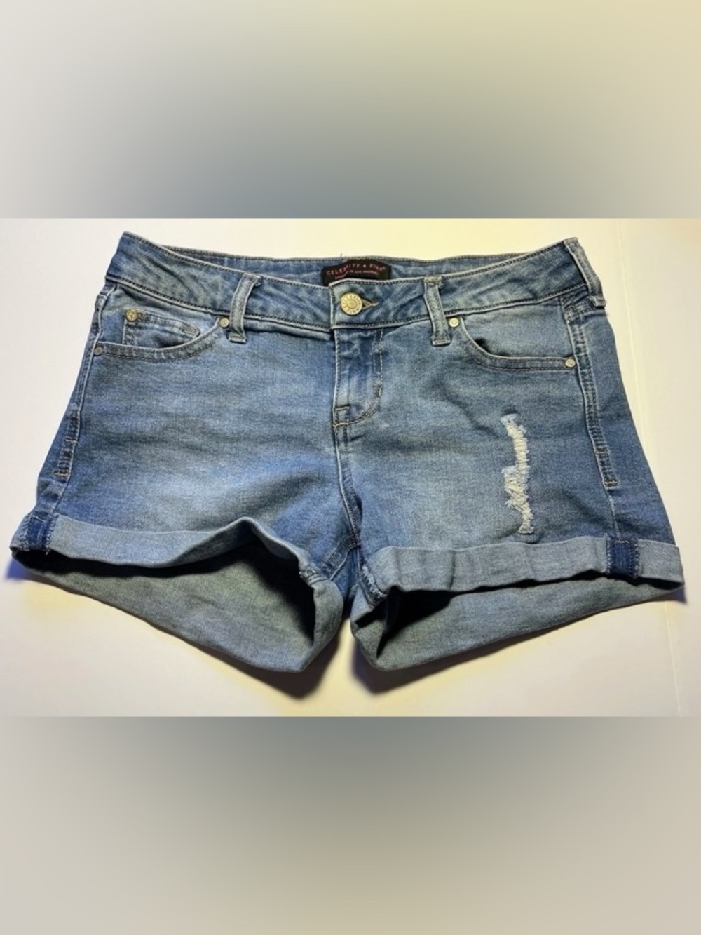 Celebrity Pink Mid-Rise Denim Shorts Blue Jean Cuffed Distressed Ripped Sz 3/26